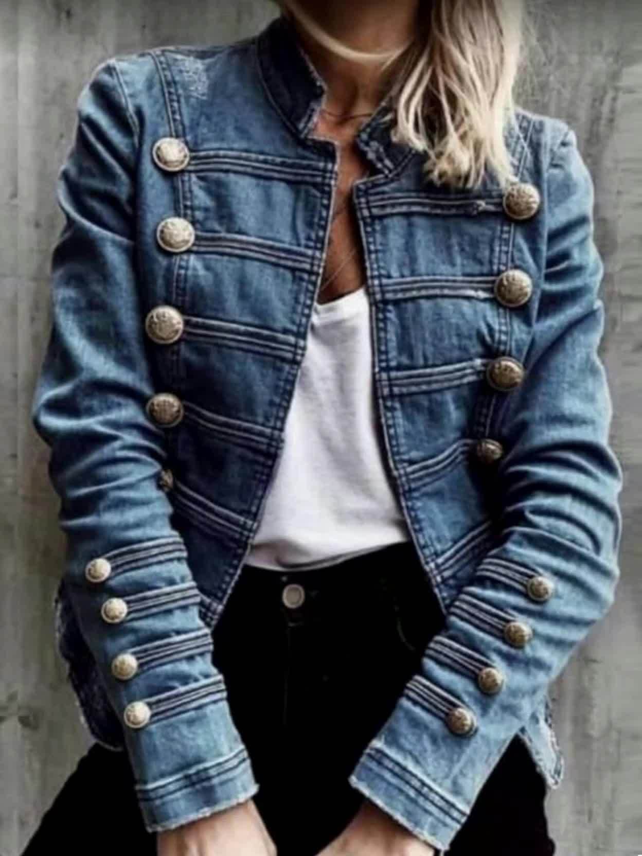 Women's Autumn/ Winter New Arrival Casual Stand Collar Patchwork Double-Breasted Slim-Fit Denim Jacket