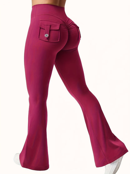 2025 New 3pcs Black Gray Green Trendy Work Attire Bell Bottom Trousers, Women'S Casual Flared Pants, High Waisted Pocket Activewear, Work Style Peach Hip Trousers, Quick Drying Belly Lifting Sports Pants with Flared Bottoms