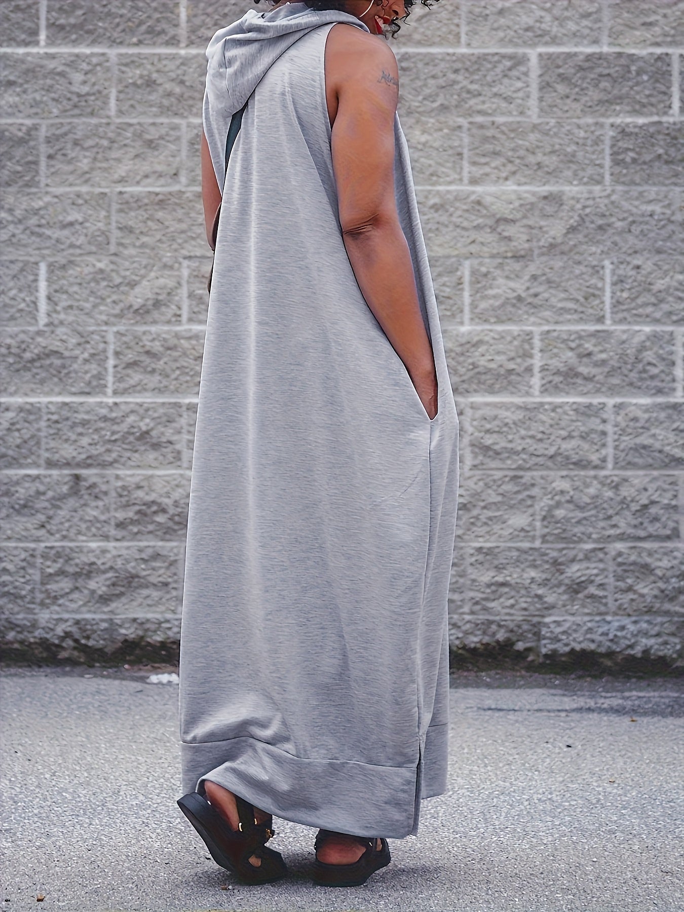 Plus Size, Elegant Side Slits, Hooded Design, Side Pockets, Plus Size Vest with Hooded Long Skirt, Solid Color Basic Simple Vest Long Skirt, Comfortable And Stretchy