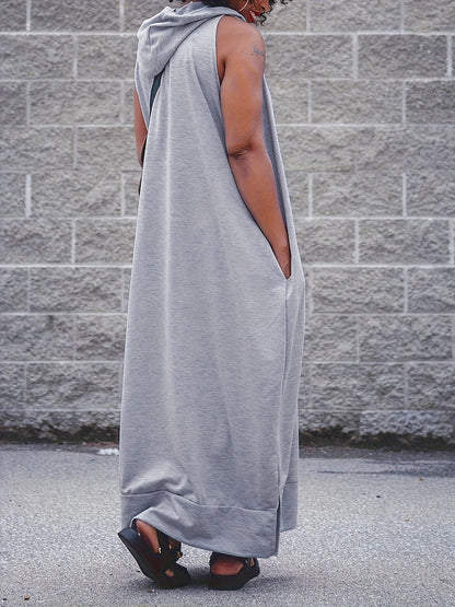 Plus Size, Elegant Side Slits, Hooded Design, Side Pockets, Plus Size Vest with Hooded Long Skirt, Solid Color Basic Simple Vest Long Skirt, Comfortable And Stretchy