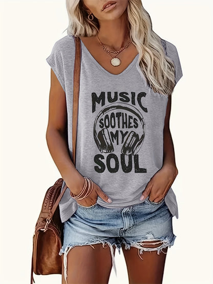 Women'S V-neck Music Festival Letter Print Tank Top- Casual Sleeveless Summer Spring Wear, Machine Washable