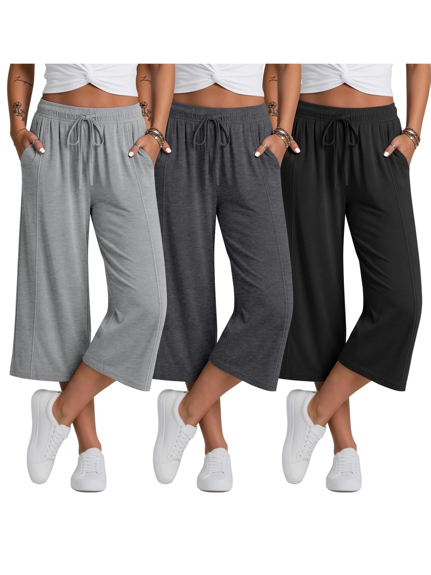 Plus Size, 3pcs Plus Size Women's Capri Pants, Wide Leg Basic Sweatpants Lounge Loose Fit Casual Drawstring Capris with Pockets
