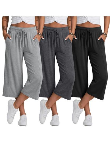 Plus Size, 3pcs Plus Size Women's Capri Pants, Wide Leg Basic Sweatpants Lounge Loose Fit Casual Drawstring Capris with Pockets