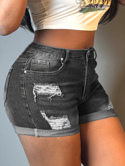 Women's High-Stretch Ripped Denim Shorts - Summer Casual Straight Leg Shorts with Practical Pockets, Machine Washable & Distressed Details for Everyday Comfort