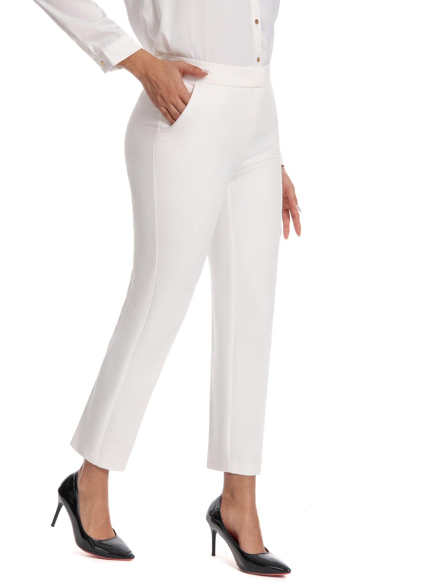 Women'S Mid Waisted Slim Fit Ankle Length Stretch Trousers Vibrant Red High Stretch Fabric with Pockets, Elegant Office Workwear & Evening Out Pants, Machine Washable All-Season Versatile Bottoms, Formal Attire Trousers, Easycare Trouser