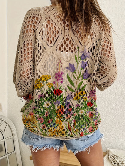Plus Size, 2026 Summer V-neck Beach Women's Fashion Flower Printed Hollow Short Sleeve Casual Hoodie, Bat Sleeve Diamond Hollow Design Hoodie, Elegant Hoodie, Spring And Summer Swimsuit Hoodie, Vacation Style Top