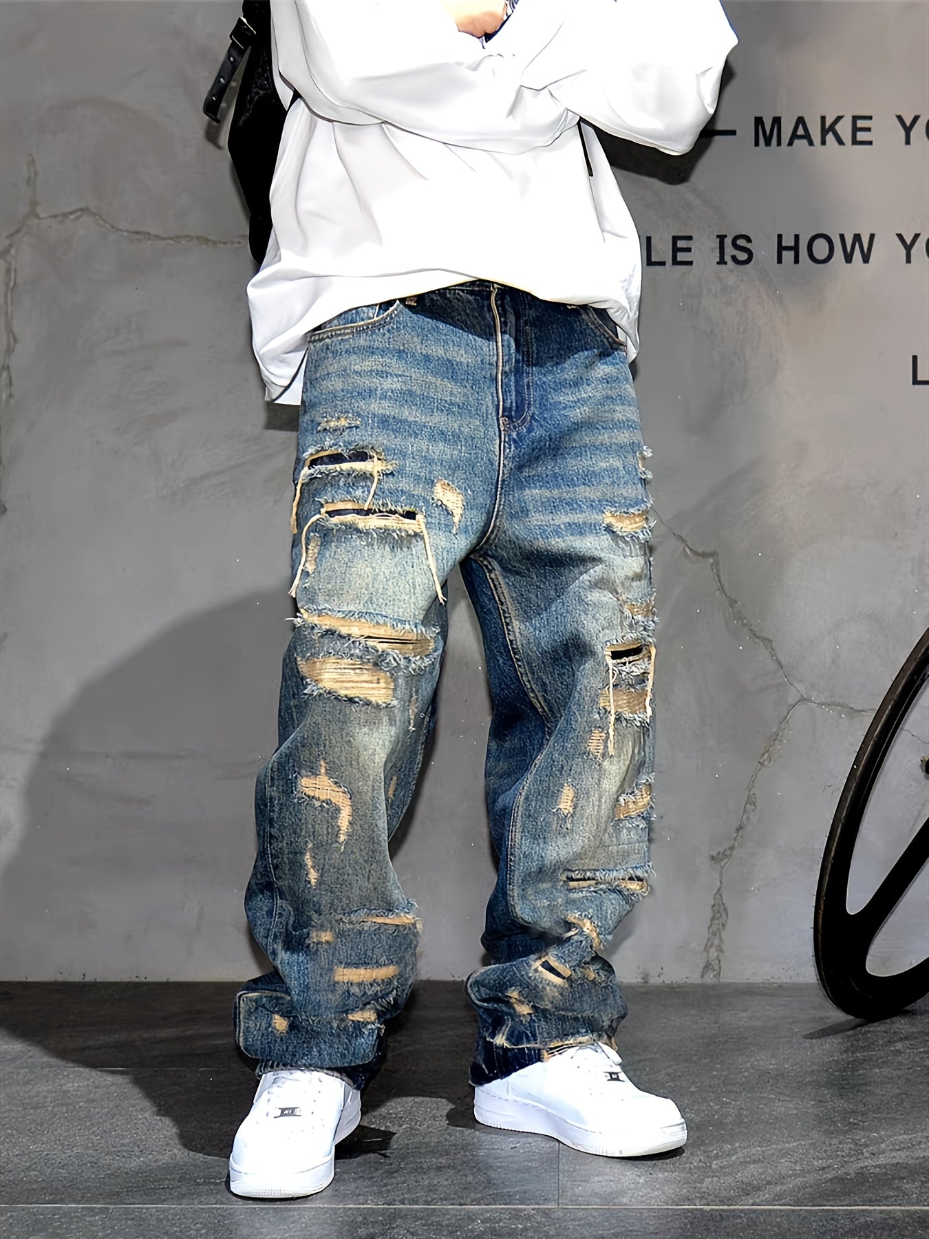 American Style High Street Patch, Wide Leg Jeans with Holes, Men's Fashion, Rugged And Stylish, Loose Design, Straight Leg Pants, Men's Fashion