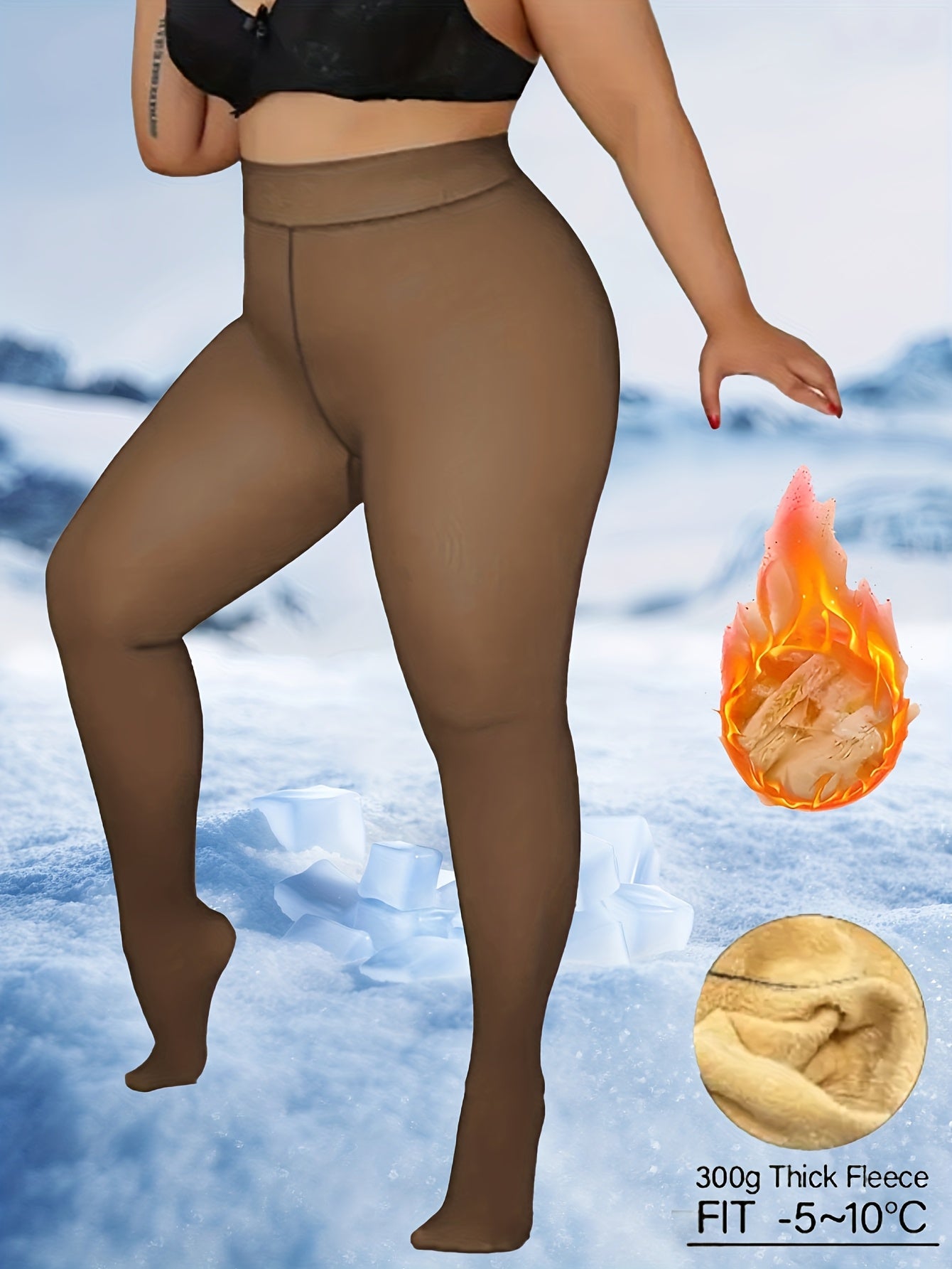Plus Size - 1 Pairs Women'S Plus Stylish Tights, Plus Size Solid Warm Fleece Opaque High Waist Slim Fit Pantyhose For Fall & Winter