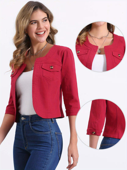 Denim Jacket for Women' S Collarless 2025 Cardigan 3/4 Sleeve Crop Jean Jackets
