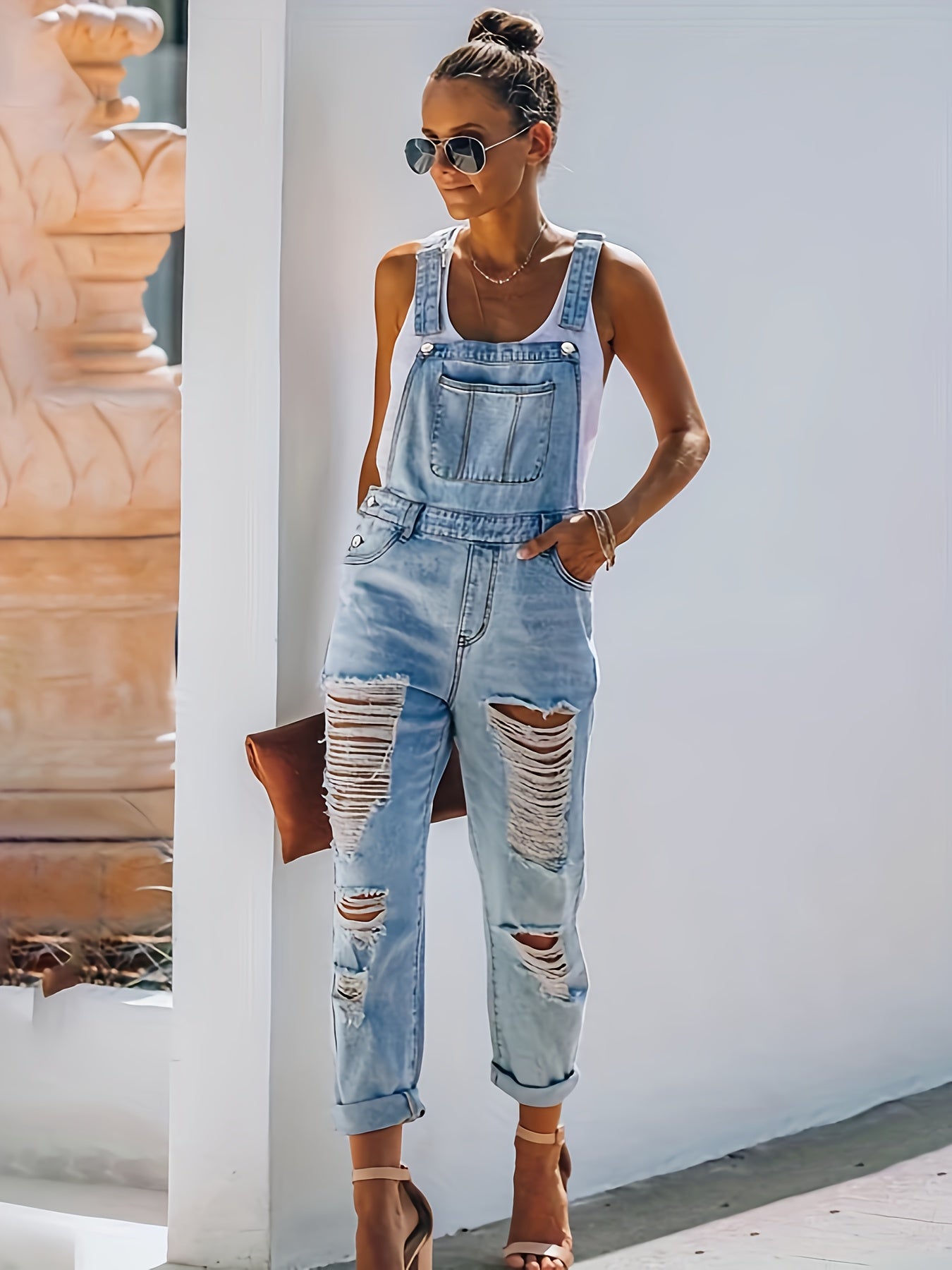 Women'S Blue Denim Overalls Featuring Adjustable Straps, Distressed Accents, And Pockets - a Stylish Backless Jumpsuit Perfect for Gatherings And Outings, Ideal for Outdoor Activities | Rigid Denim Fabric