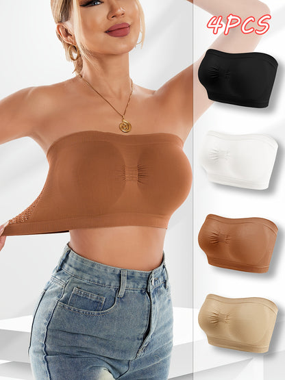 4pcs Set, Women's Pure Color Strapless Bra, Women's 1pc Bra, Breathable Sports Bra, Bra Without Underwire, Pleated Design Bra, Backless Bra