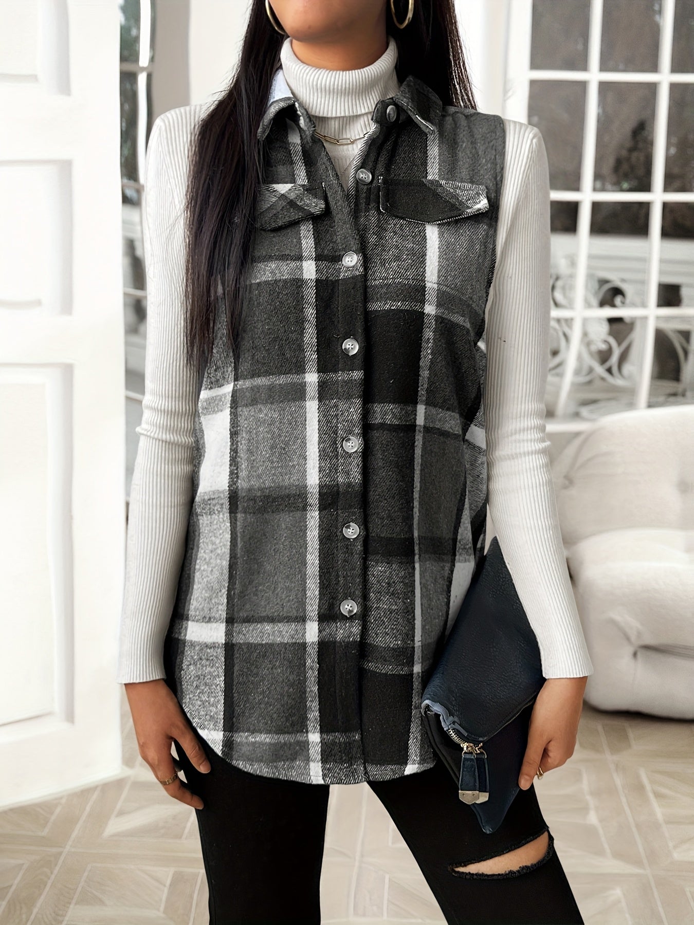 Fashionable Women'S Lapel Vest Jacket in Plaid for Spring, Autumn, And Winter