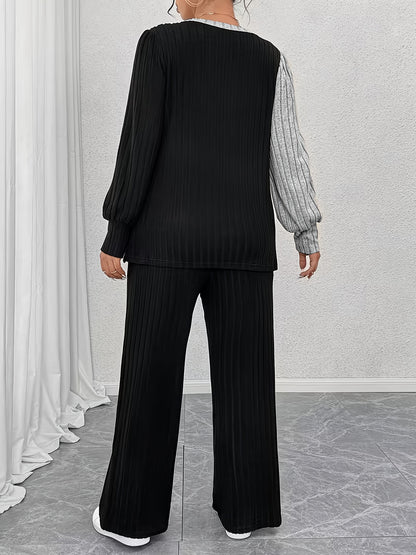 2pcs Round Neck Color-blocked Irregular Hem Top + Straight Trousers Women's Suit