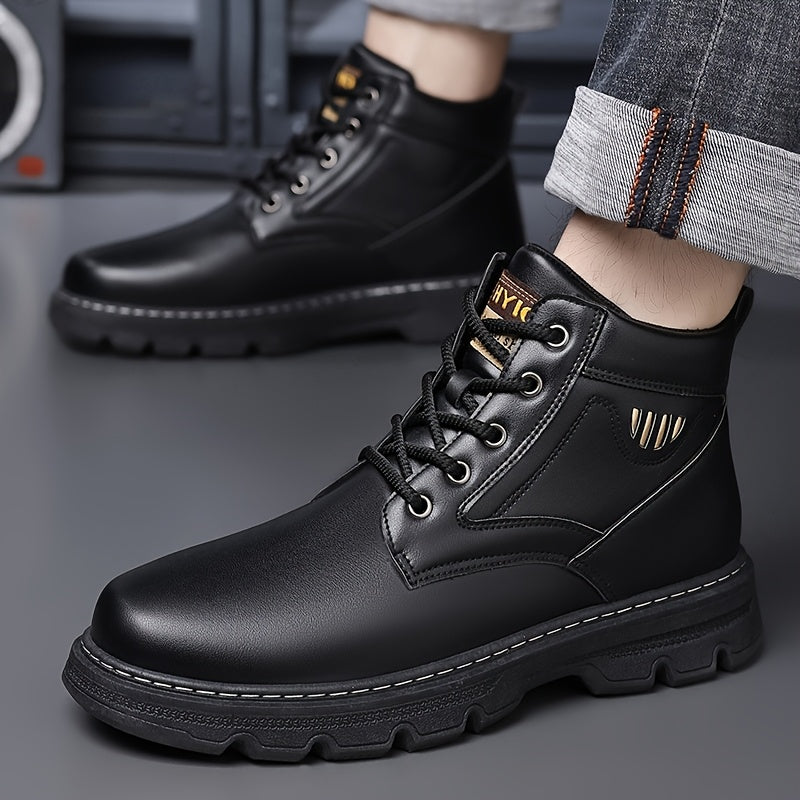 Men's Mid-Top Work Boots - Lace-Up Design, Durable Upper, Decorative Metal Accent, Non-Slip Lug Sole, Footwear for Work & Outdoor Activities