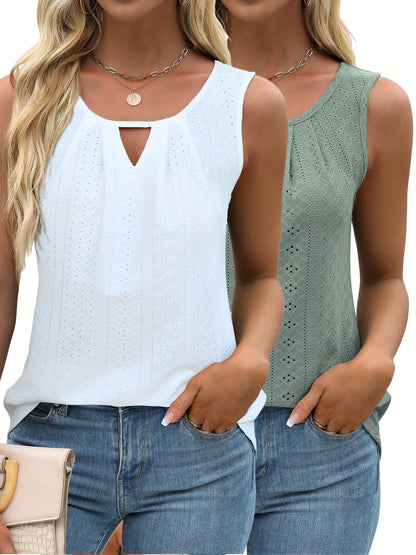 Women's Two-Piece Summer Tank Top Set - Sleeveless Eyelet Embroidery, Loose Fit, Business Casual Tops for Work & Everyday Wear[Women's Two-Piece Summer Tank