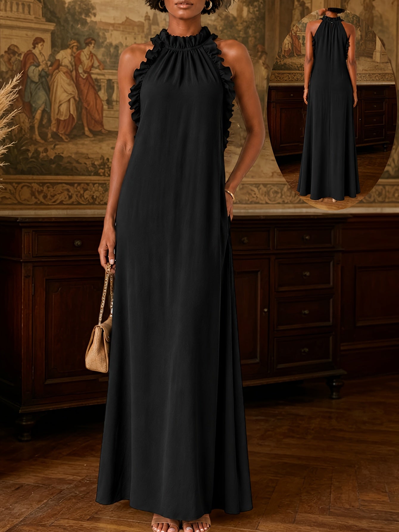 Summer Vacation Style Leaf-Edge Halter-Neck Sleeveless Dress
