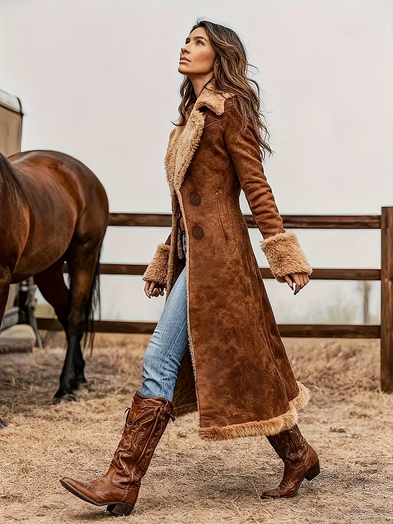 Women'S Western Vintage Trench Coat Plush Autumn And Winter Fashionable Warm Coat