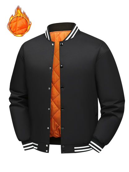 Men'S Plus Size Olive Green Varsity Jacket with Orange Accents - Thick, Warm, and Stylish for Fall/Winter, Baseball Collar, Button-Up Front, Side Pockets, Casual & Outdoor Wear, PLUS SIZE