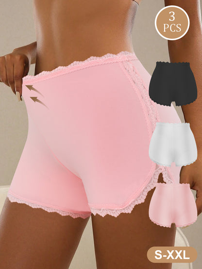 3pcs Women's Fashion Underwear, Lace Splicing, Skin-friendly and Breathable, Daily Home Office Boxer Briefs