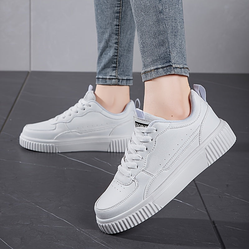 Women'S White Casual Sports Shoes - Lace-Up Low-Top Flat Tennis Shoes, Breathable Upper, Shock-Absorbing And Wear-Resistant MD Sole, Suitable for All-Season Sports, Running, Traveling And Daily Wear, Skate Shoes, Fashionable Women'S White Sneakers