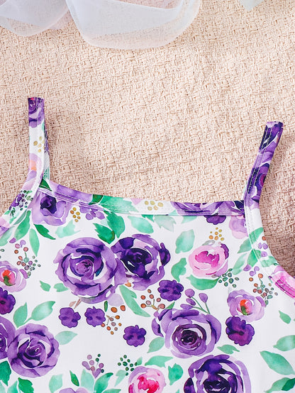 3pcs Girls' Summer Dress Strap Skirt Set | Purple Floral Print, Solid Color Style, and Heart Wave Dot Pattern - Casual Knitted Fabric, Midi Length, Sleeveless