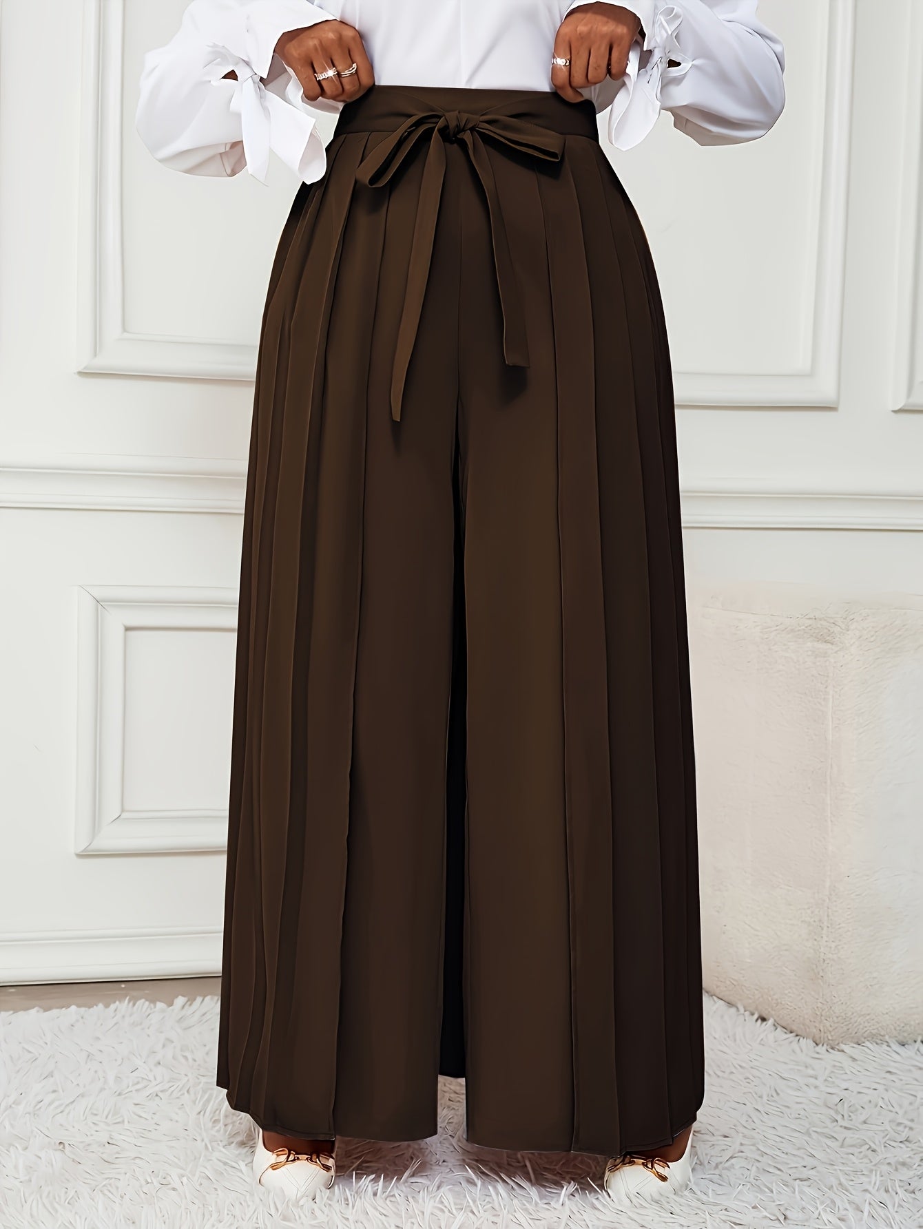 Plus Size - Plus-size Women'S Pants With Elegant Pleats, Removable Design, Two-way Wear, Straight-leg Style, Retro Chic, Casual, Suitable For All Seasons Throughout The Year.