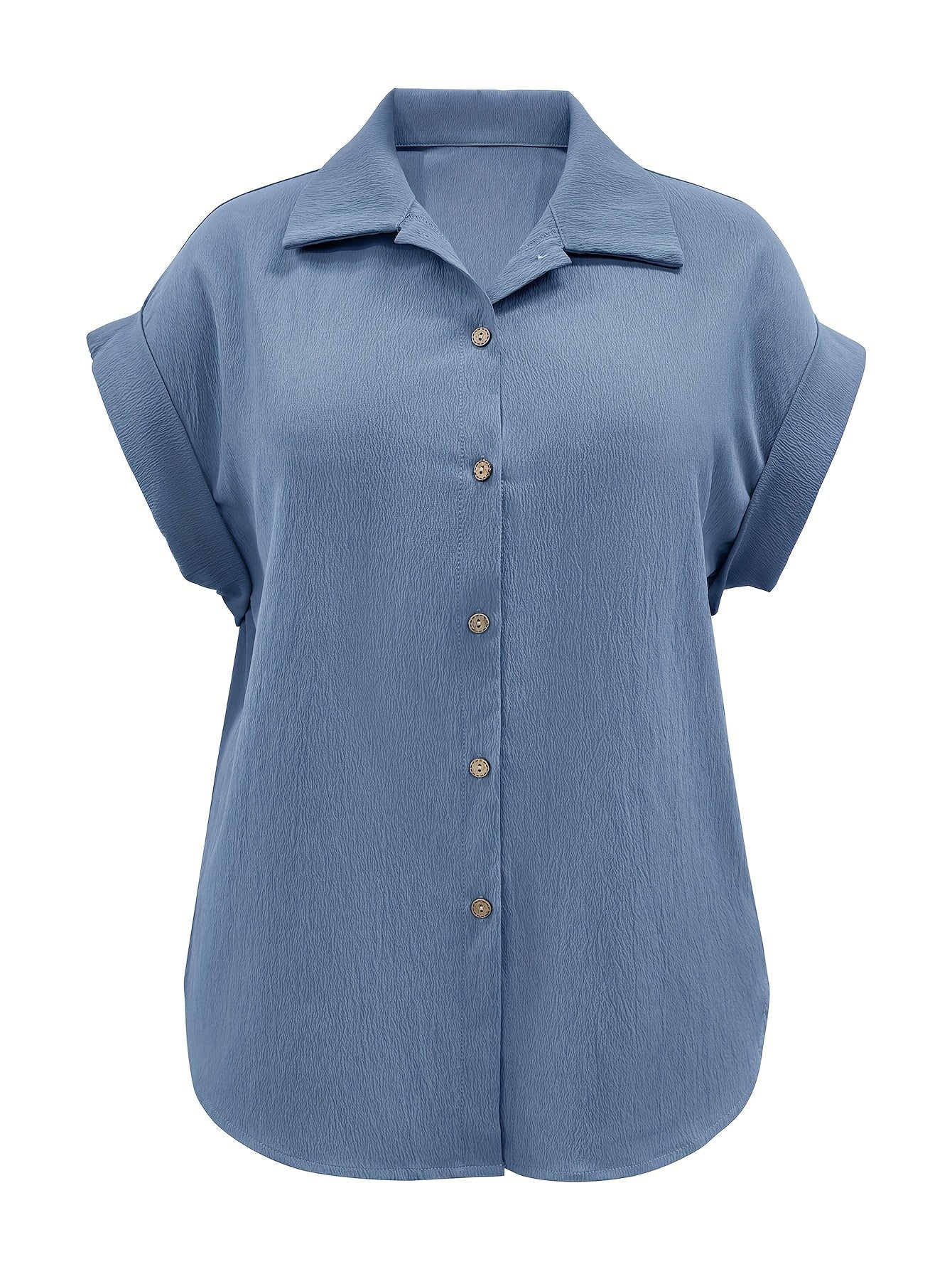 Plus Size - Plus Size - Spring And Summer Plus Size Women'S Elegant Solid Colour Short Sleeves Shirt - Blue, Button Design, Flap Collar, Smooth Fabric - Plus Size Shirt