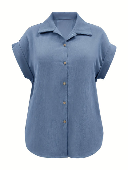 Plus Size - Plus Size - Spring And Summer Plus Size Women'S Elegant Solid Colour Short Sleeves Shirt - Blue, Button Design, Flap Collar, Smooth Fabric - Plus Size Shirt
