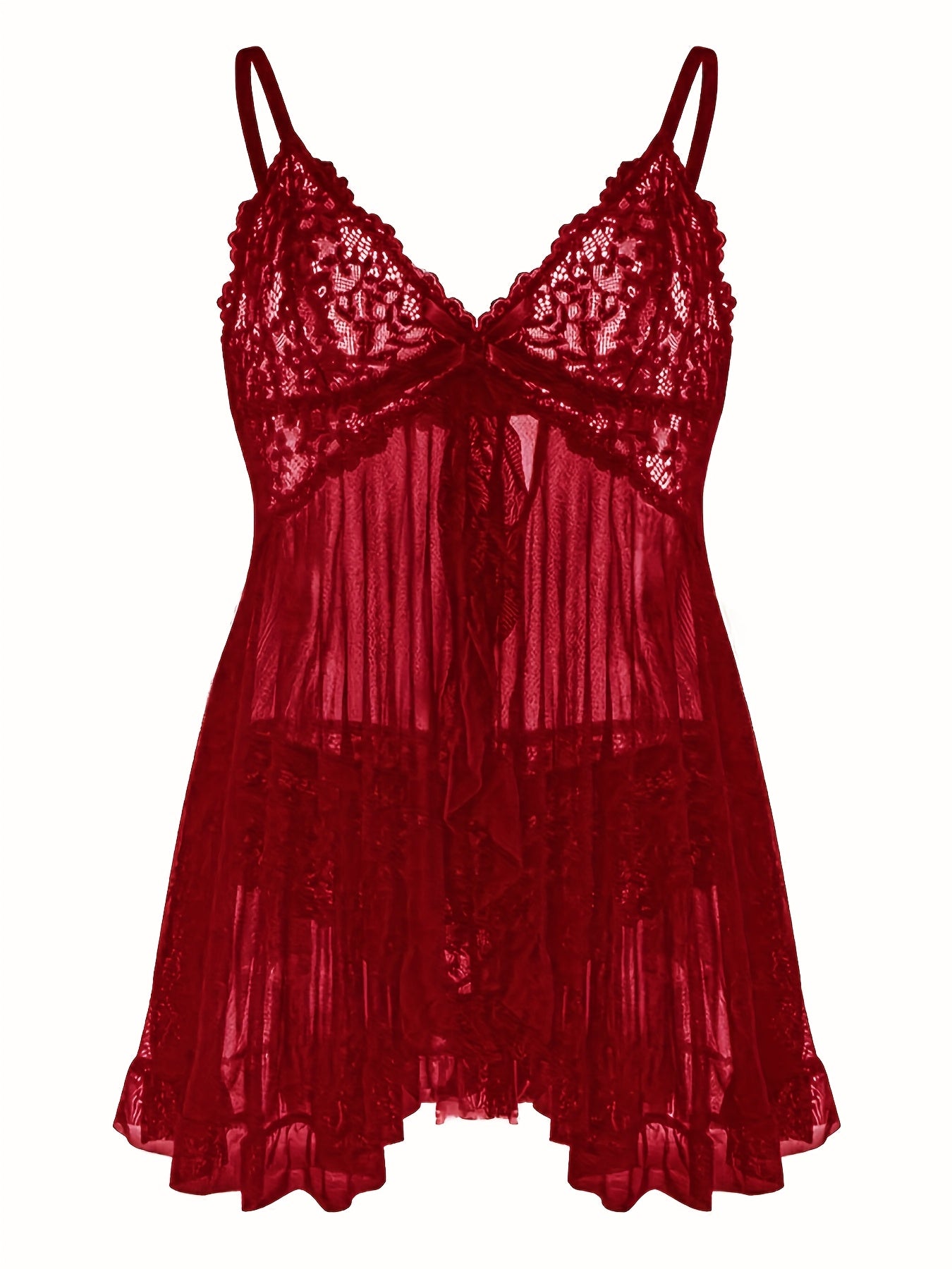Big Size Sultry Valentine Lace Sleepwear Dress Set - Exquisite Lace, Flattering V-Neckline, Daring Backless Design, Delicate Ruffle Trim, Trendy Split Hem, Seductive Thong Detail, Ultra-Comfortable Fabric, Perfect For Romantic Night, Anniversary Gift