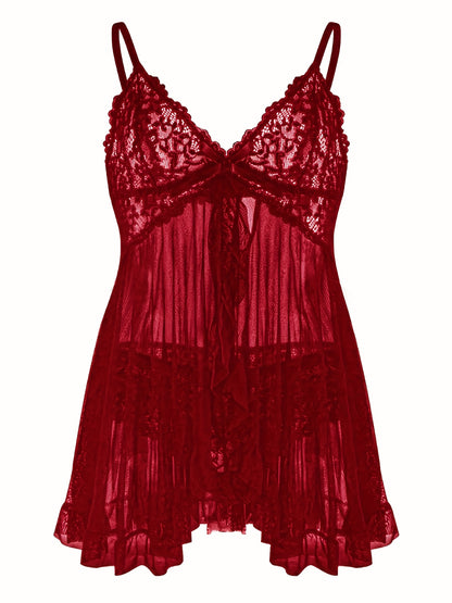 Big Size Sultry Valentine Lace Sleepwear Dress Set - Exquisite Lace, Flattering V-Neckline, Daring Backless Design, Delicate Ruffle Trim, Trendy Split Hem, Seductive Thong Detail, Ultra-Comfortable Fabric, Perfect For Romantic Night, Anniversary Gift