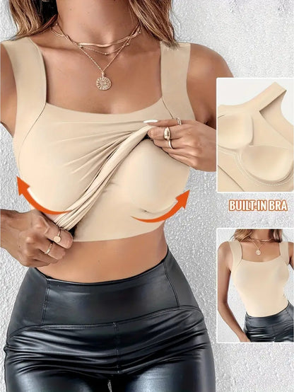 3pcs Women'S Plus Size Seamless Tank Top with Built-In Bra- Slim-Fit Lifting, Skin-Friendly Base Layer, Sleeveless Wide Straps, Solid Black/Apricot/Brown, Smooth Washable Fabric, All-Season Layering for Daily Use