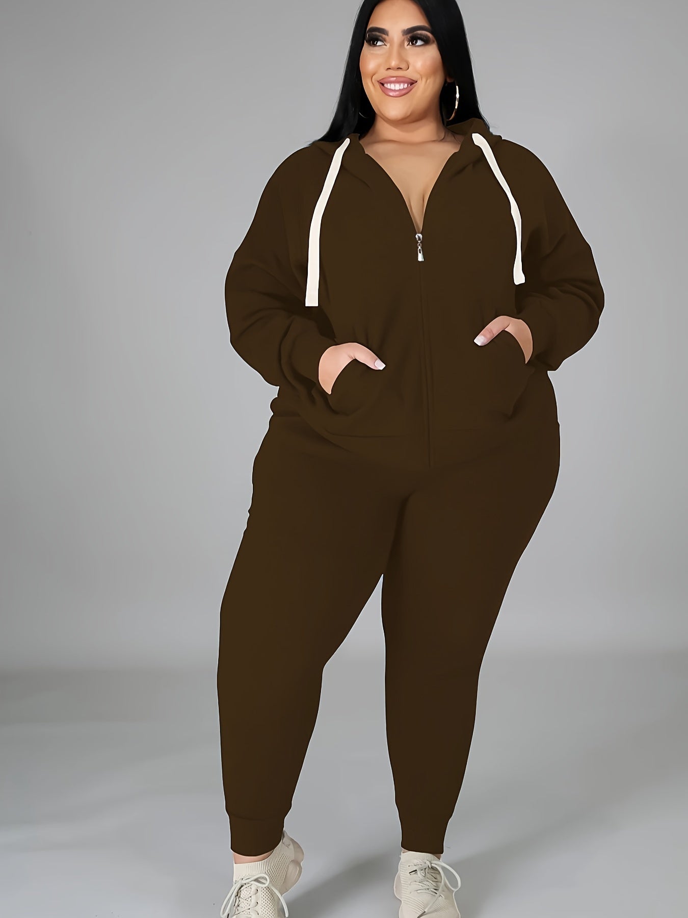 Women's Plus Size Tracksuit Set - Long Sleeve Hooded Loungewear and Sweatsuit Sets with Pockets, Polyester and Elastane