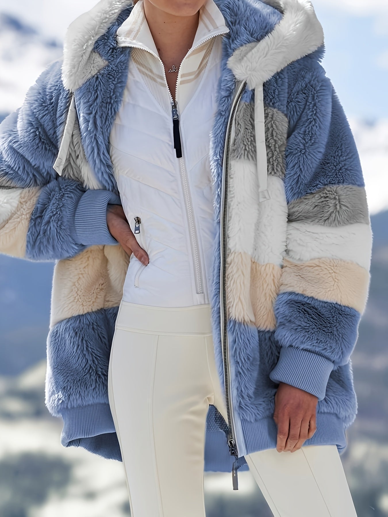 Winter And Autumn Warm Plush Quilted Zipper Pocket Hooded Loose-fitting Women'S Coat