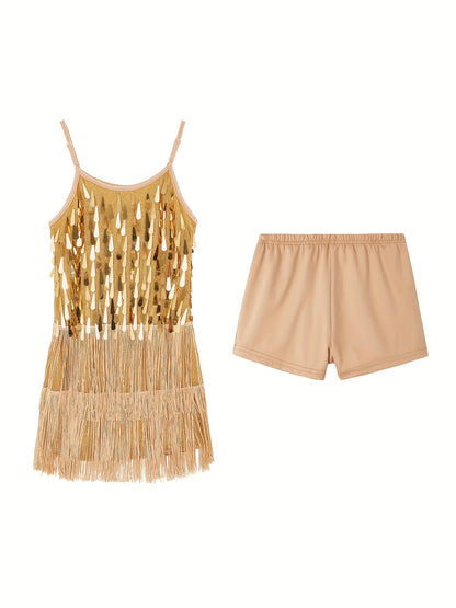 Girls Sequin Dance Dress Fringe Flapper Two-Piece Set Shiny Tassel Latin Dance Chukka Dress With Adjustable Straps And Short