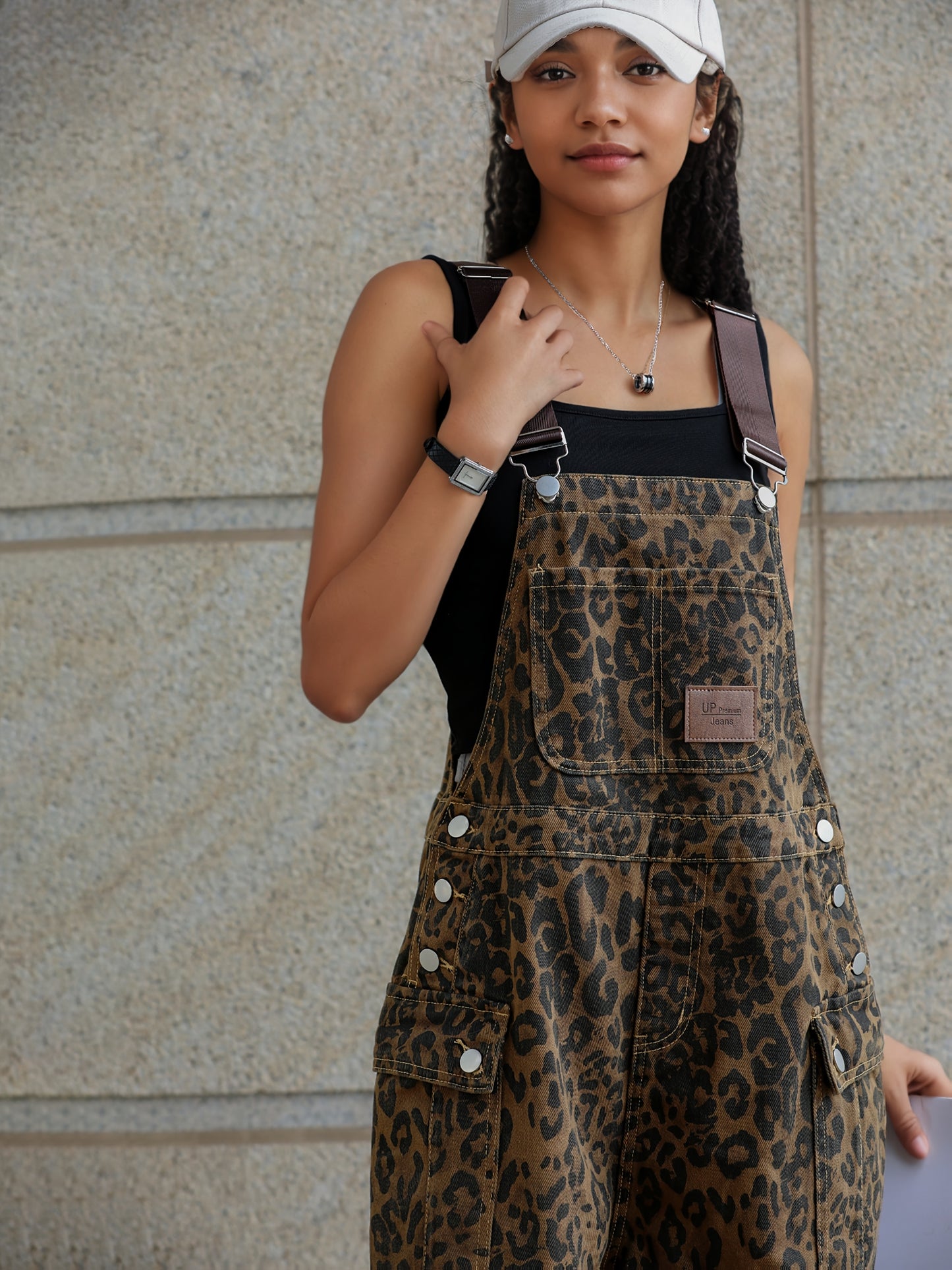 Fashion Multi-pocket Leopard Print Loose Denim Jumpsuit, Retro Old Trend Straight Wide-leg Pants Suitable for All Seasons.