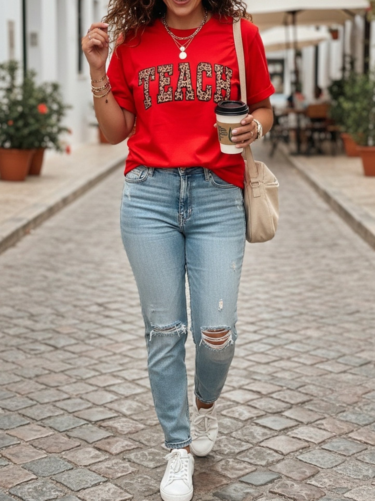 Women's Leopard Print Teacher T-Shirt- Comfortable Round Neck Short Sleeve with LEOPARD SPOT TEACH Design and Team Letters- 180g Heavyweight Casual Top Suitable for Educators,