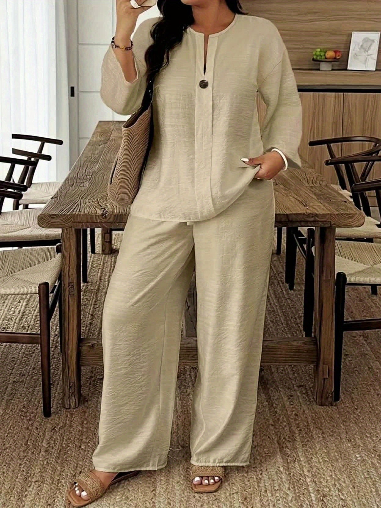 Plus Size, Autumn And Winter New Style, Plus Size Women's Casual Long-sleeved Shirt And Loose Pants 2pcs Set