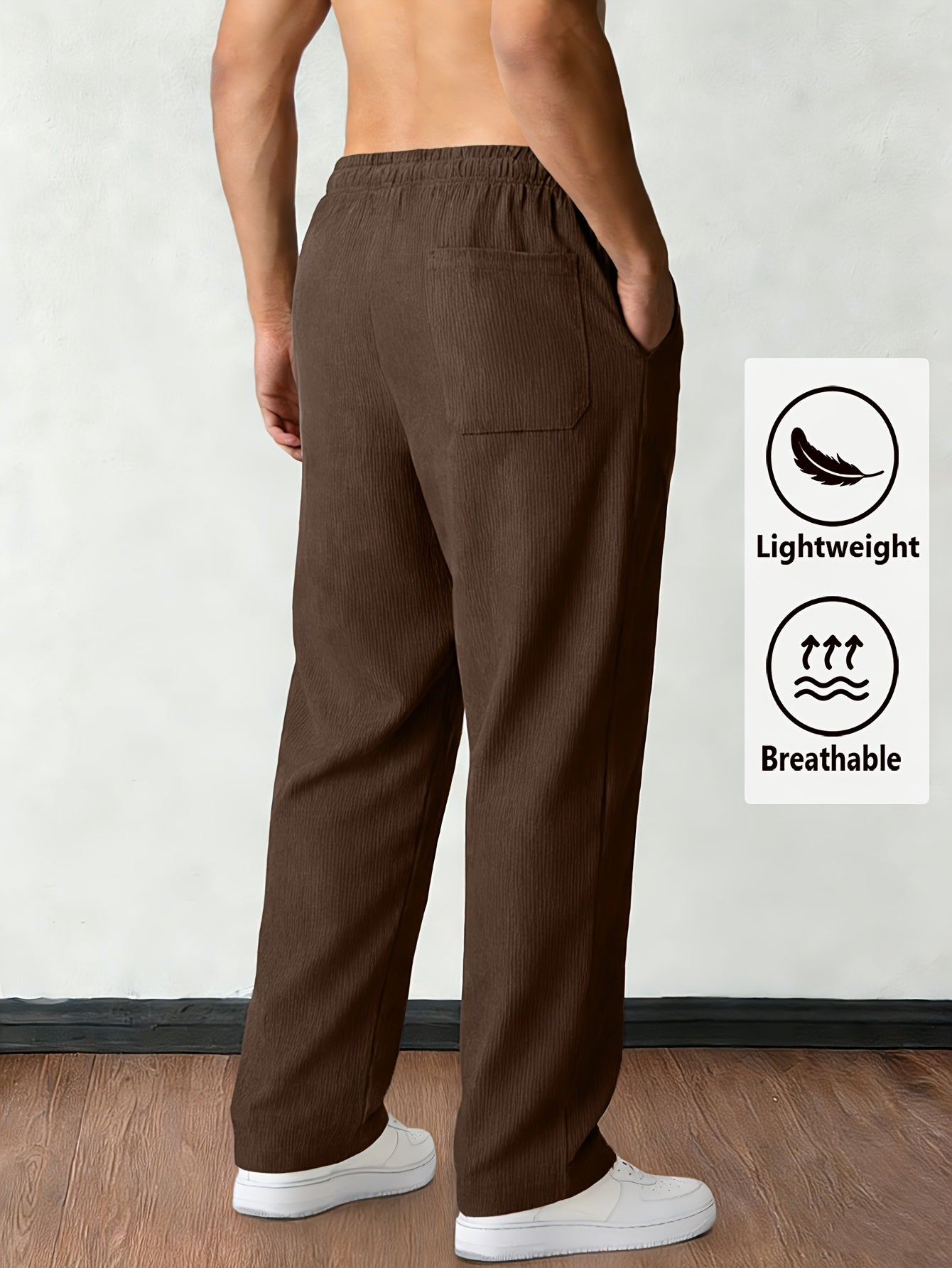 Men'S Solid Corduroy Straight Pants, Retro Pocket And Drawstring Waist, Breathable All-Season Trousers, Casual Daily And Workwear, Machine Washable, Comfortable Straight Fit Pants for Daily Activities