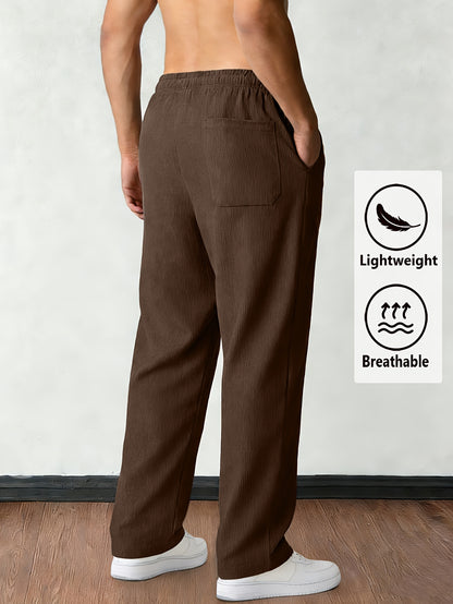 Men'S Solid Corduroy Straight Pants, Retro Pocket And Drawstring Waist, Breathable All-Season Trousers, Casual Daily And Workwear, Machine Washable, Comfortable Straight Fit Pants for Daily Activities