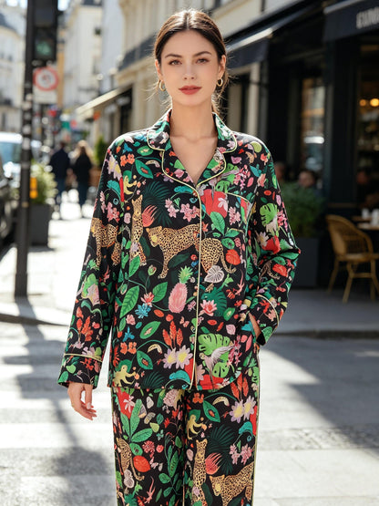 Women's Tropical Leopard Print Pajamas, Y Soft Breathable Cool Sleepwear Set, Long Sleeve Top & Pants, Loungewear for Home & Daily Outings