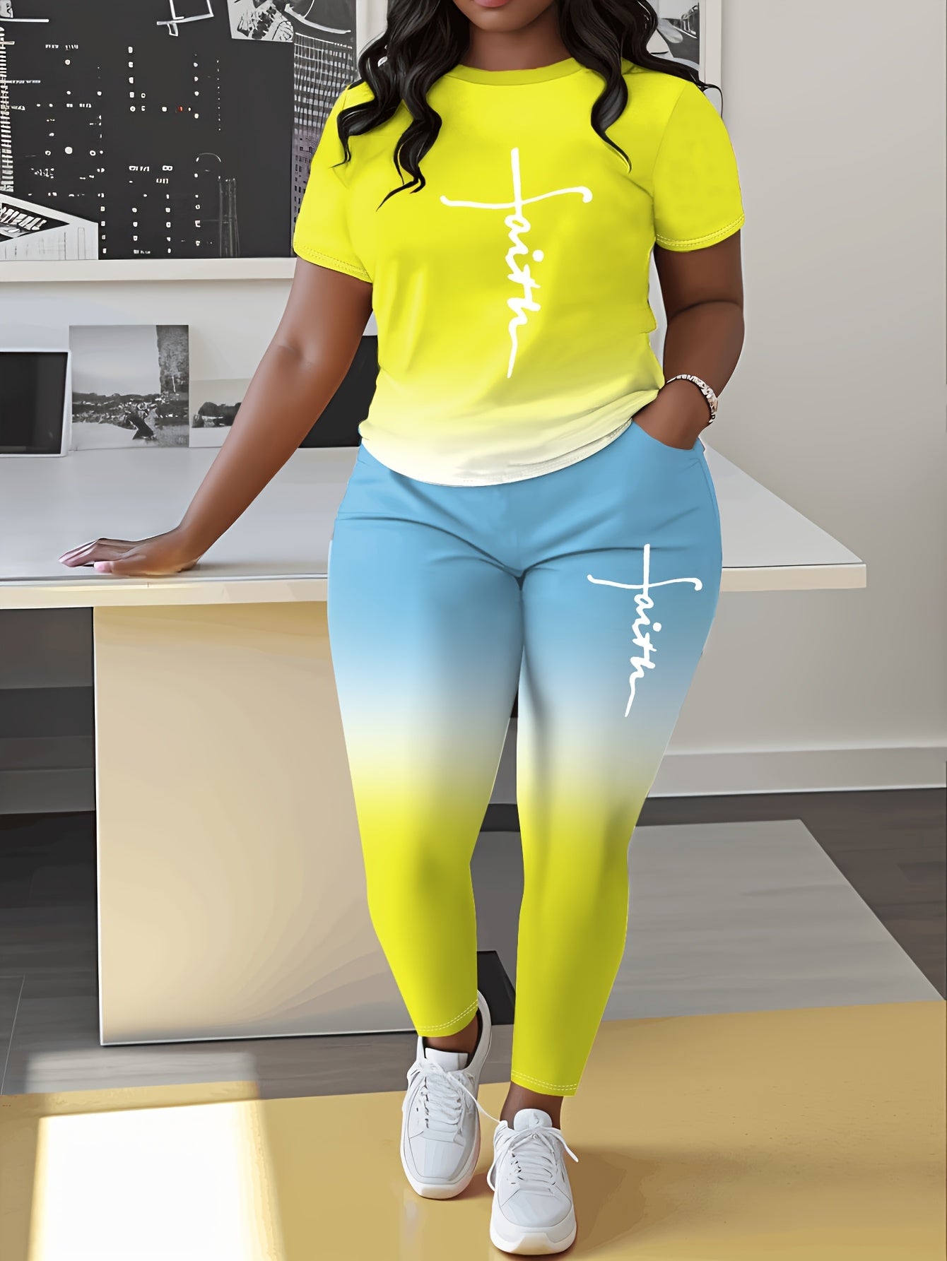 Women's Gradient Suit, Faith Letter Print, Pants with Pockets
