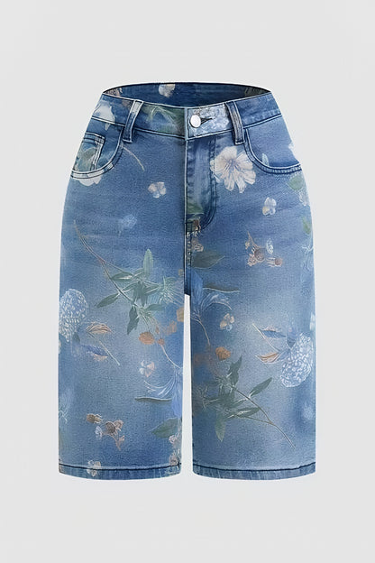 Plus Size Women Summer Clothes Women'S Stretch Floral Print Plus-size Denim Shorts, High-waisted For A Flattering And Effect, Retro Street Style, Highly Stretchy And Comfortable Fit, Perfect For Spring And Summer.