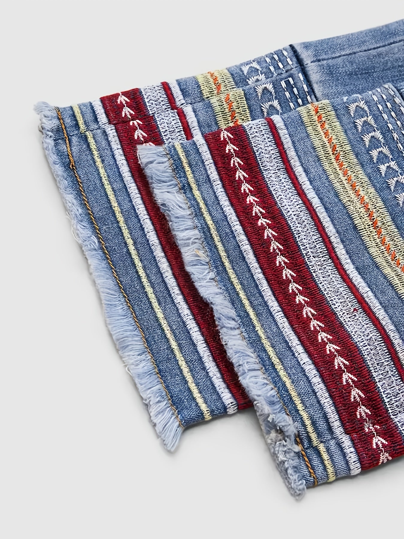 Women'S Plus Size Stone Washed Denim Pants, Ethnic Style Embroidered Skinny Straight Leg Pants