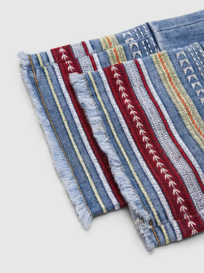 Women'S Plus Size Stone Washed Denim Pants, Ethnic Style Embroidered Skinny Straight Leg Pants