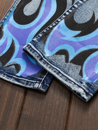Cool Comfort, Men'S Slim-Fit Stretch Denim Jeans with Punk Skull Print - Versatile Casual Streetwear, Machine Washable