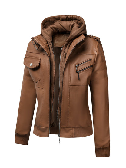 Women's Vintage-Style PU Leather Jacket - High Quality, Windproof, Tear- with Detachable Hood Casual Outdoor Riding Jacket