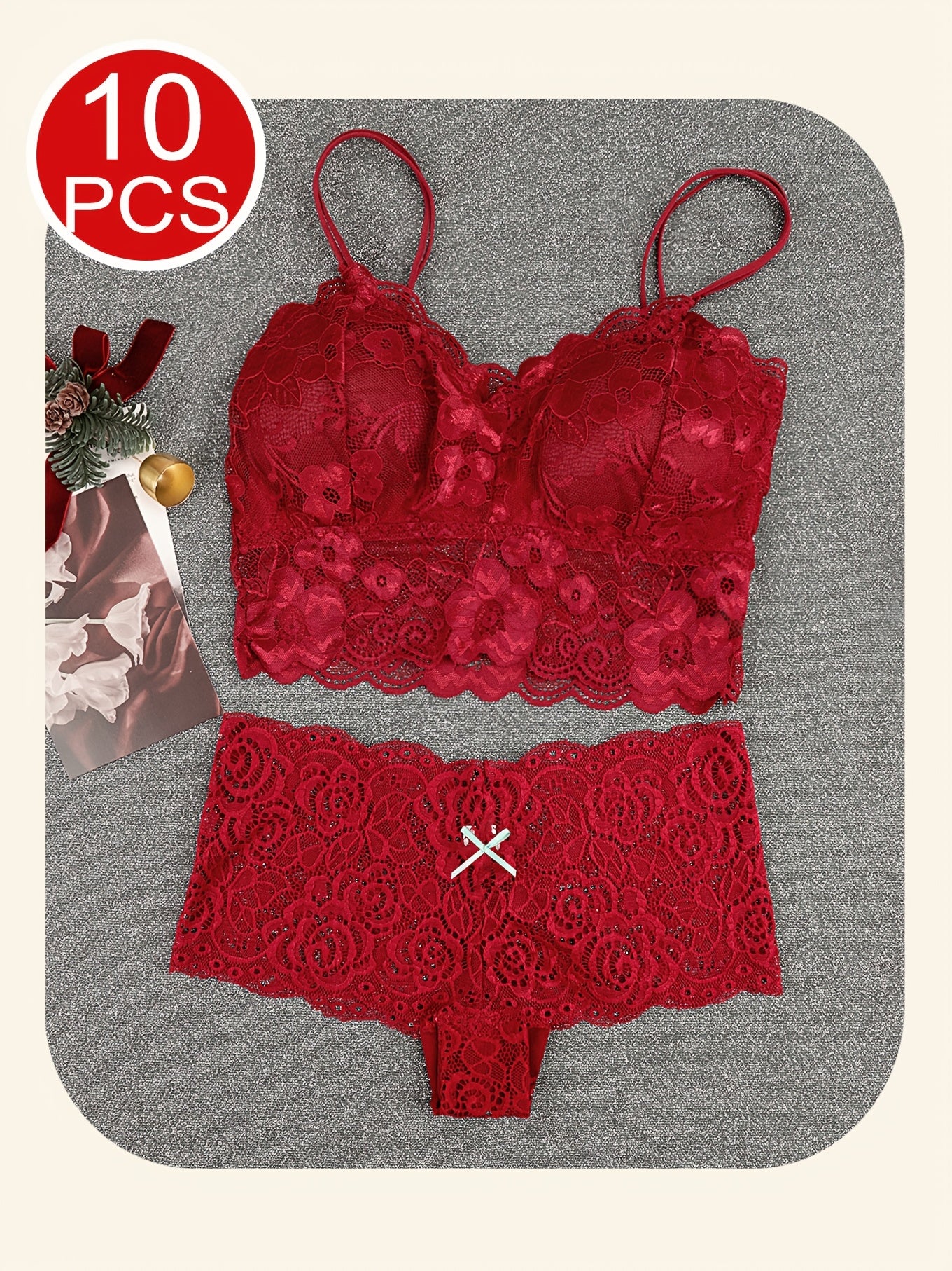 10pcs Of Women'S Underwear And Panties Combination Set Without Steel Rims, Comfortable Daily Exquisite Lace Bra Base, Beautiful Back, Seamless Suspender With Chest Cushion, Detachable Bra, Lace Underwear, Women'S Underwear And Panties