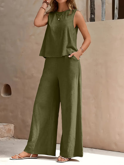 Popular! Women's Sleeveless Crop Top And Wide-Leg Pants Set, Breathable Fabric, Versatile for Vacation And Daily Outfit, Casual Summer Outfit