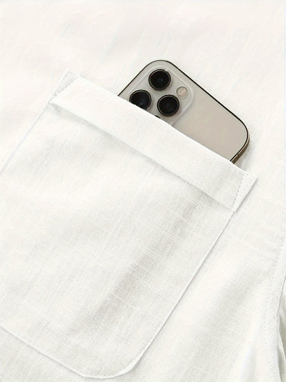 Plus Size Men'S Solid Shirt, Casual Breathable Half Button Cotton Blend Stand Collar Long Sleeve Shirt For Outdoor Activities, Men'S Clothing