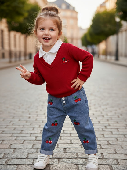 2pcs Baby Girls Set Notched Collar Ribbed Long Sleeve Faux Two-Piece Polo Shirt Cherry Embroidery Straight Leg Jeans Spring Fall Cute Casual Outdoor, for Outdoor